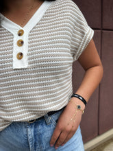 Load image into Gallery viewer, Women’S Striped V Neck Button Knit Short Sleeve Top